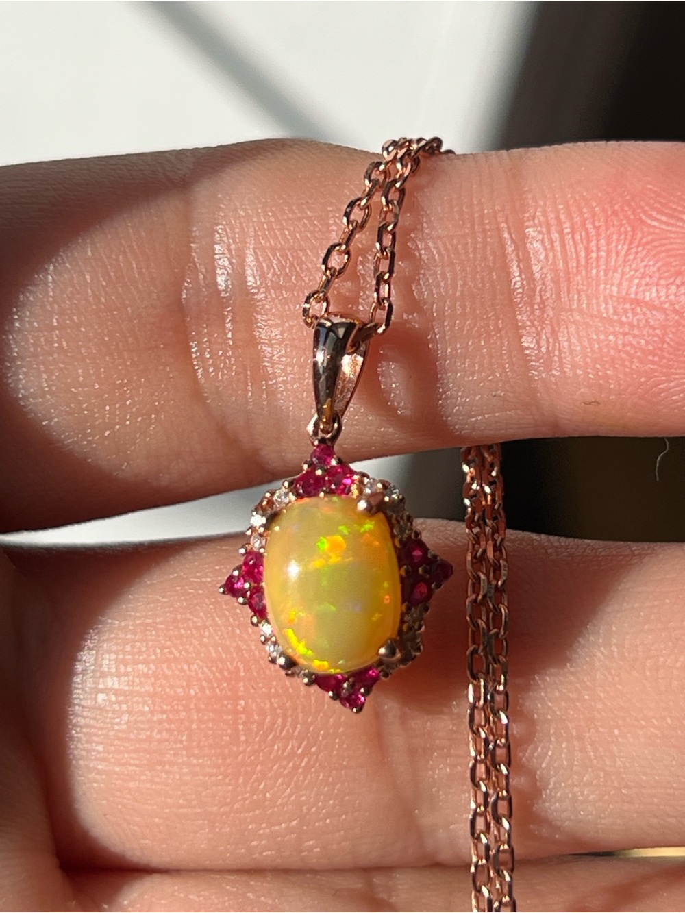Rose Gold Opal Pendant Necklace with Rubies and Diamond’s in 10k - Picture 14 of 17